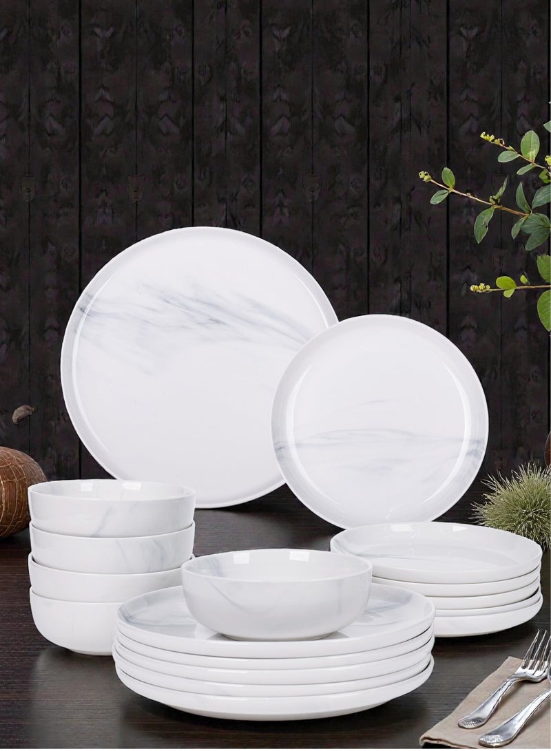 Noon East 18 piece Porcelain Dinnerware Set, Set for 6, Microwave & Dishwasher Safe, Marble White Design - Image 1